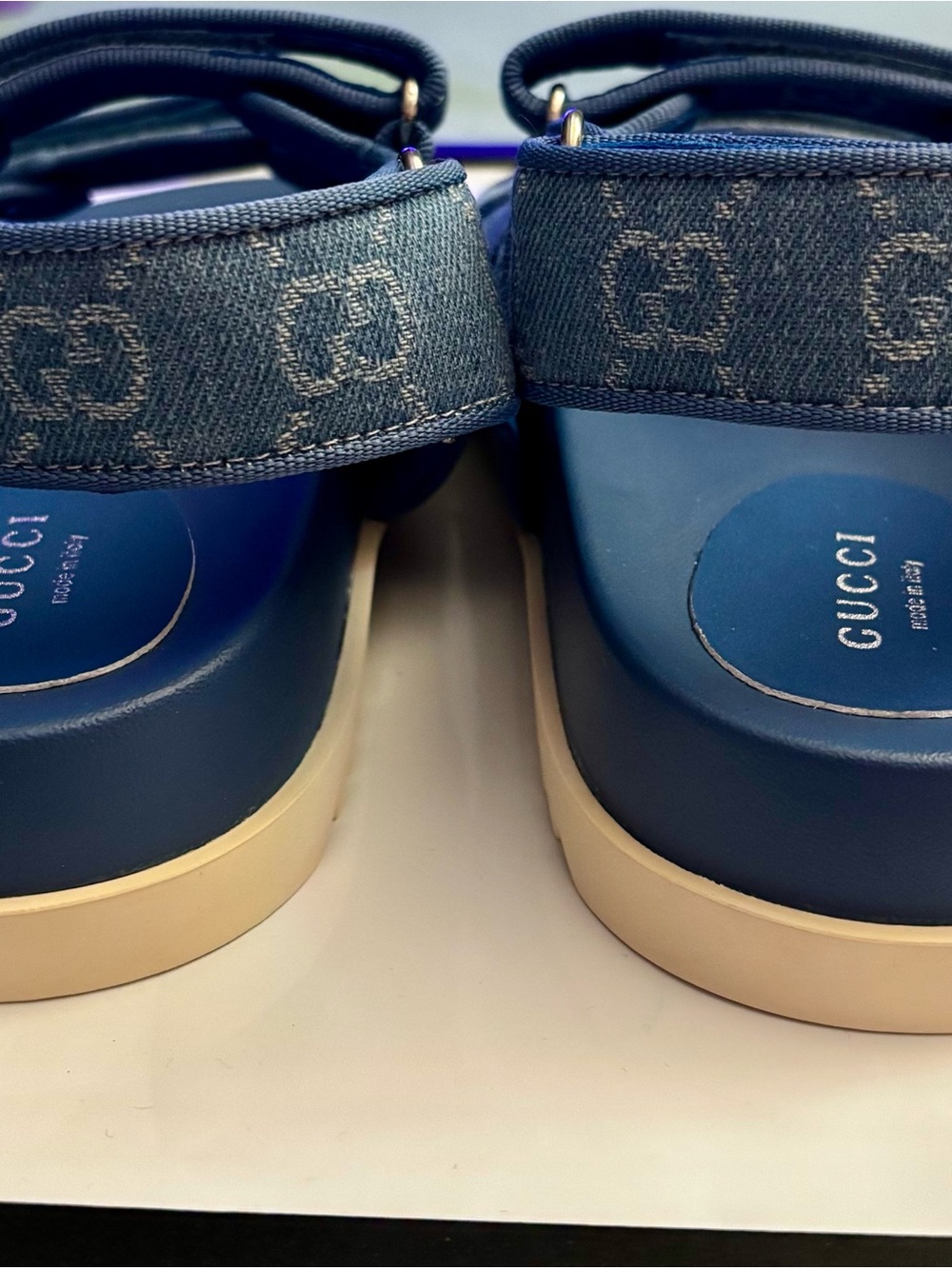 Brand New !! Denim GG Logo Double-Strap Sandals - Blue - Picture 5 of 7